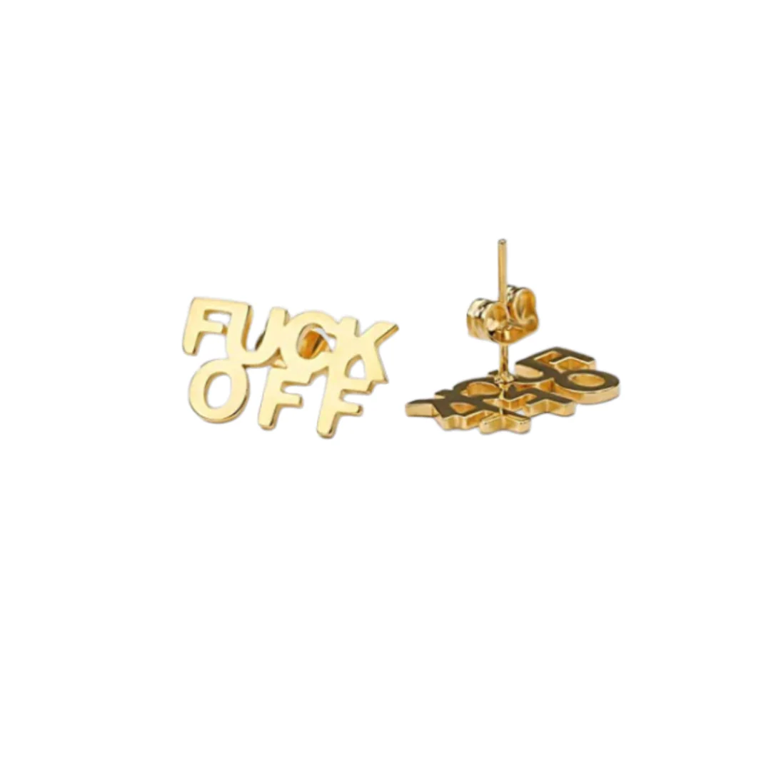 FUCK OFF Text Goldtone Stud Earrings - Image 2