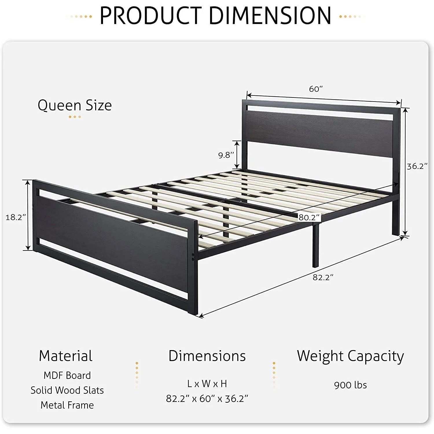 Full Black Metal Platform Bed Frame with Wood Panel Headboard and Footboard - Image 5