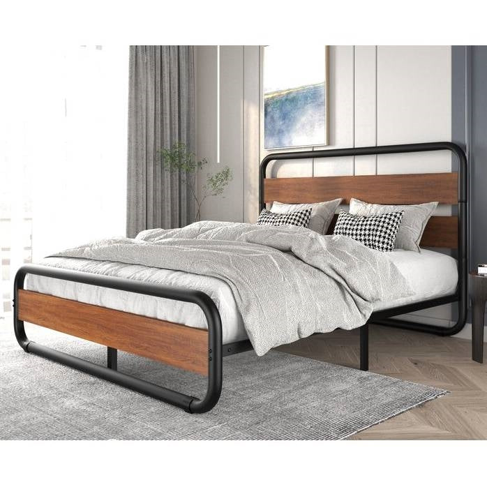 Full Heavy Duty Industrial Modern Metal Wood Platform Bed Frame with Headboard - Image 4