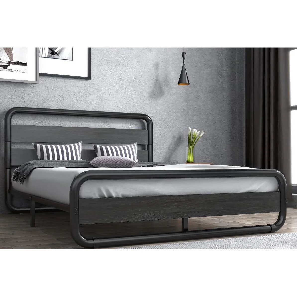 Full Heavy Duty Round Metal Frame Platform Bed with Black Wood Panel Headboard - Image 2
