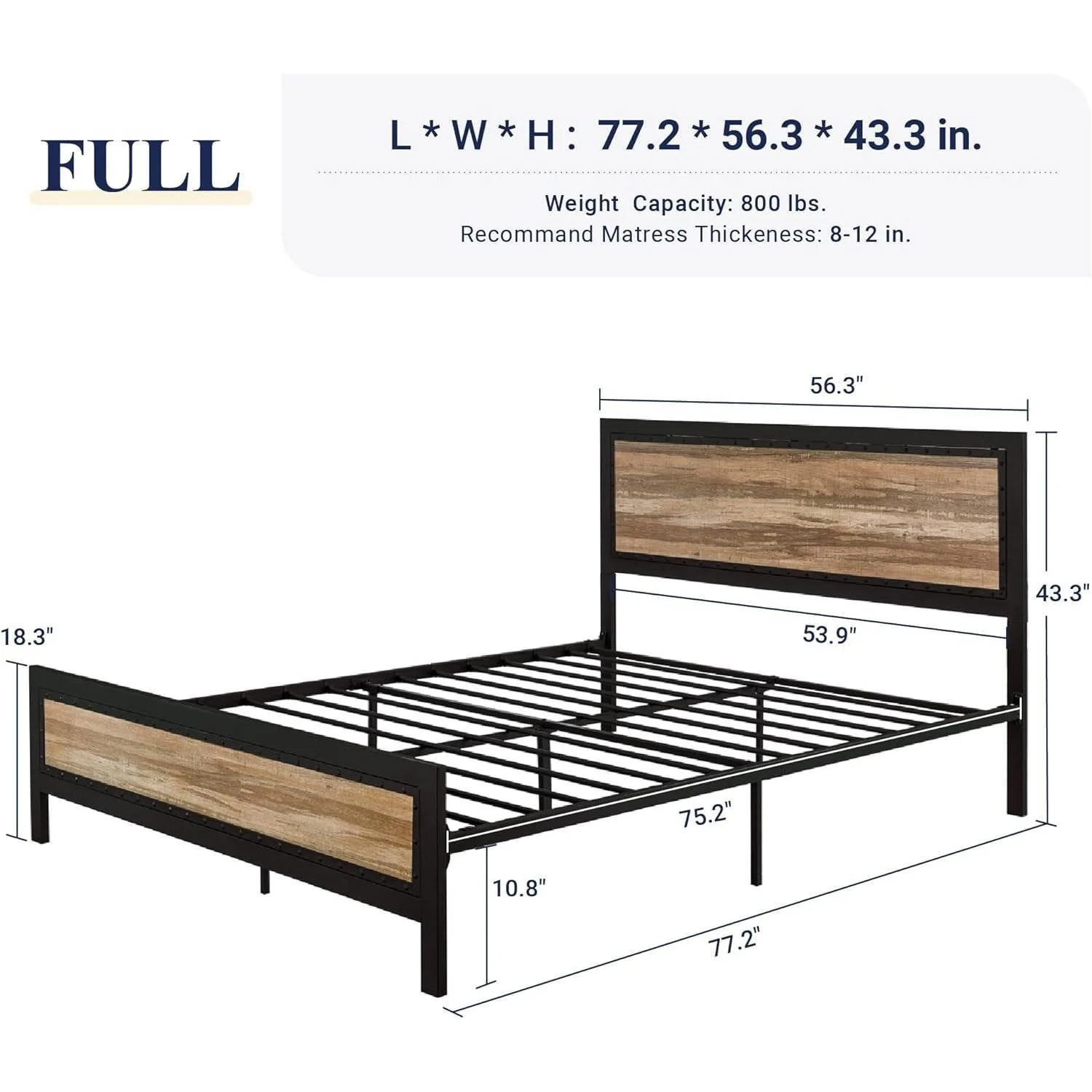 Full Industrial Metal Wood Rivet Platform Bed Frame w/ Headboard and Footboard - Image 5