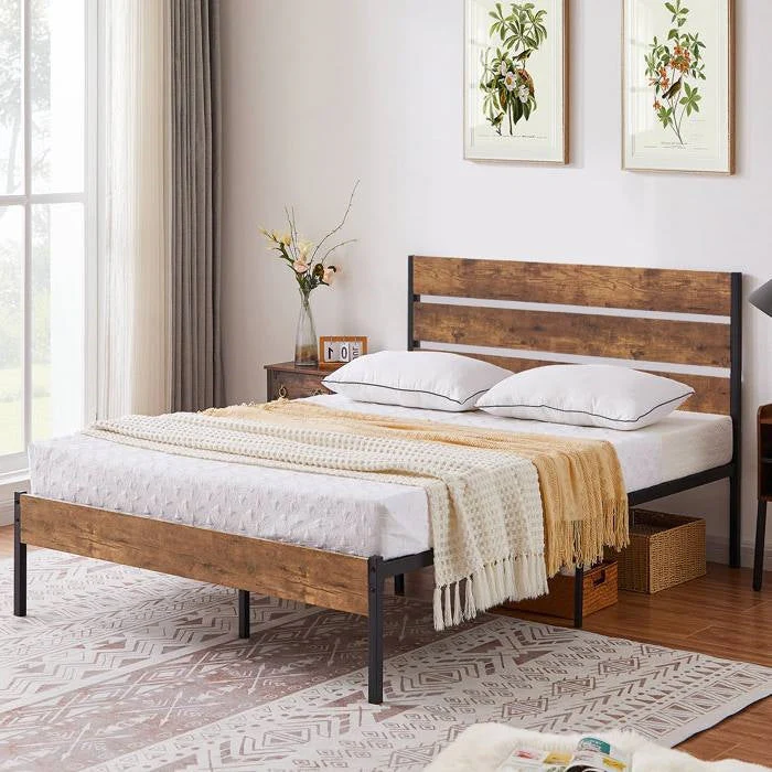 Full Industrial Platform Bed Frame with Brown Wood Slatted Headboard Footboard - Image 2