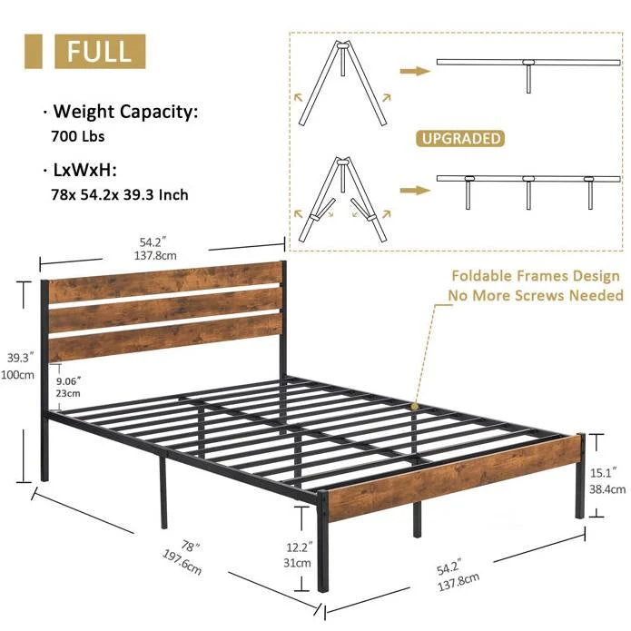 Full Industrial Platform Bed Frame with Brown Wood Slatted Headboard Footboard - Image 5