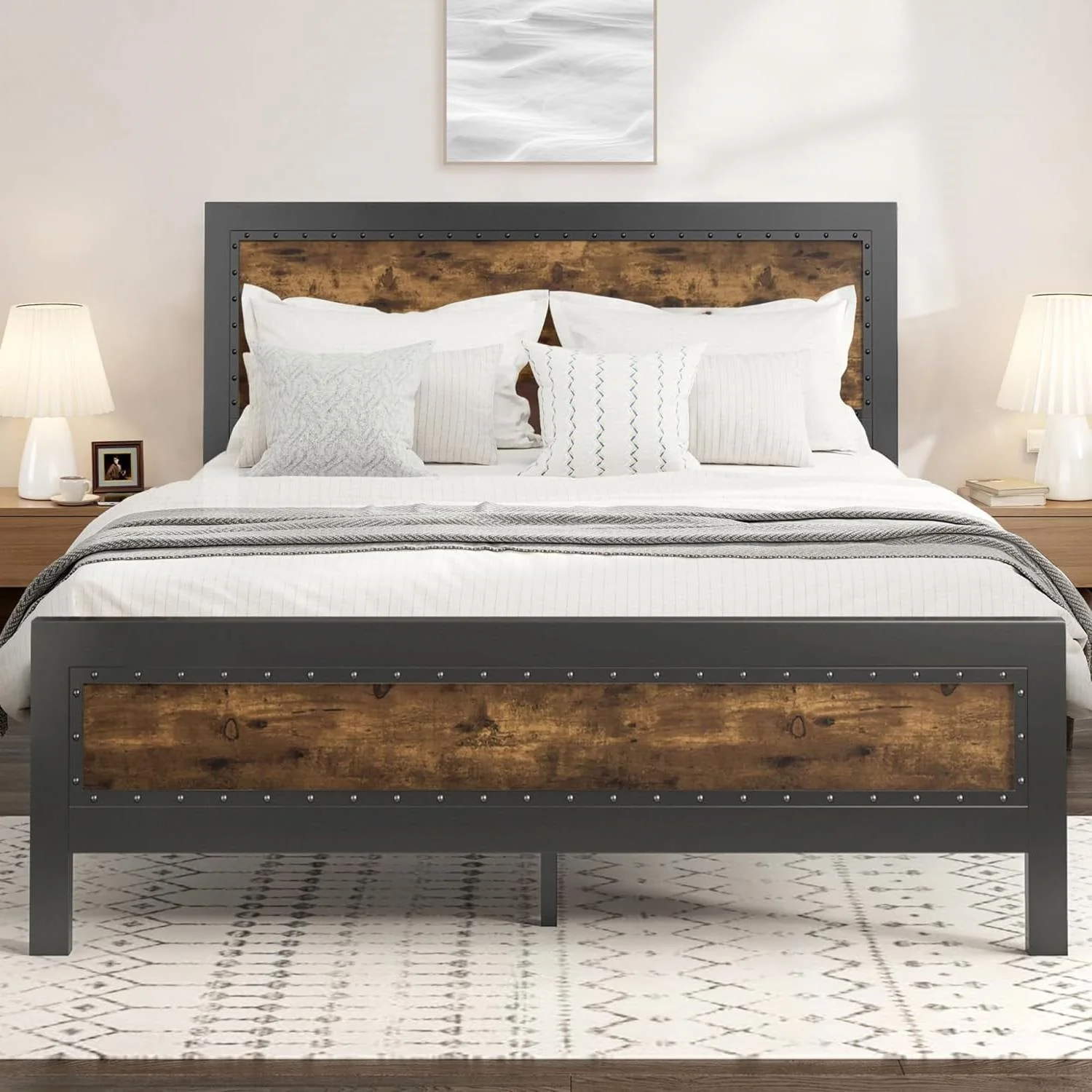 Full Industrial Rivet Platform Bed Frame with Headboard in Rustic Wood Finish - Image 2