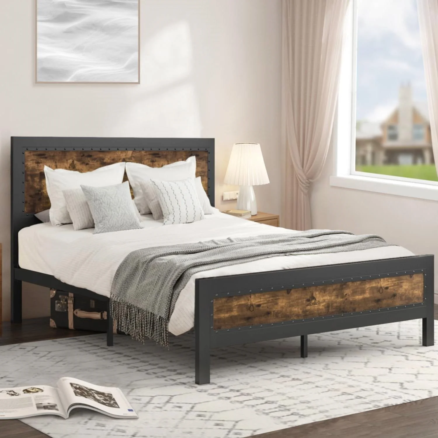 Full Industrial Rivet Platform Bed Frame with Headboard in Rustic Wood Finish - Image 3