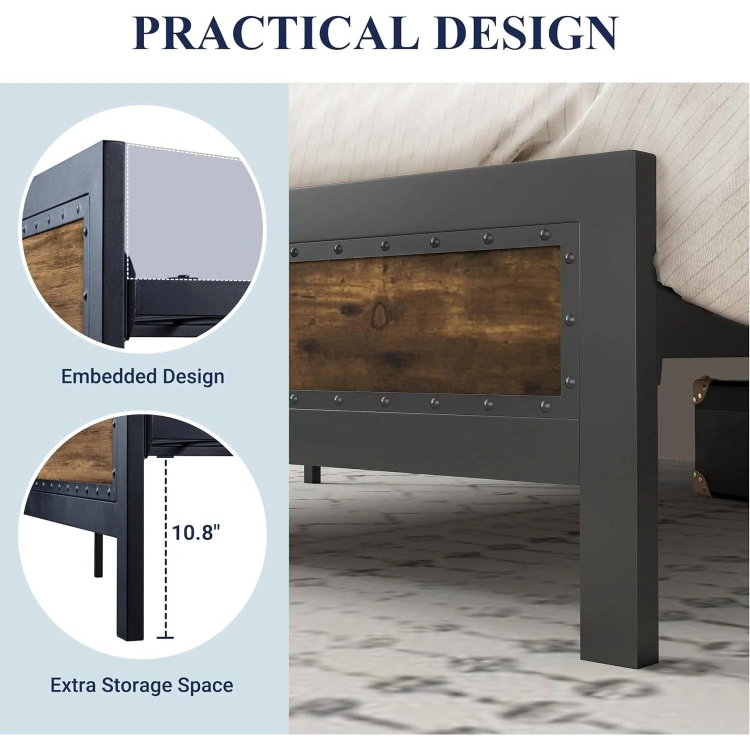 Full Industrial Rivet Platform Bed Frame with Headboard in Rustic Wood Finish - Image 4