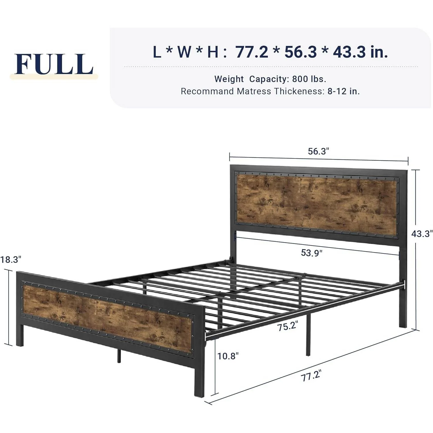 Full Industrial Rivet Platform Bed Frame with Headboard in Rustic Wood Finish - Image 5