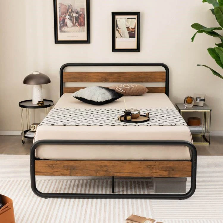 Full Industrial Wood and Metal Tube Platform Bed with Headboard and Footboard - Image 2
