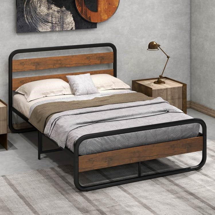 Full Industrial Wood and Metal Tube Platform Bed with Headboard and Footboard - Image 3