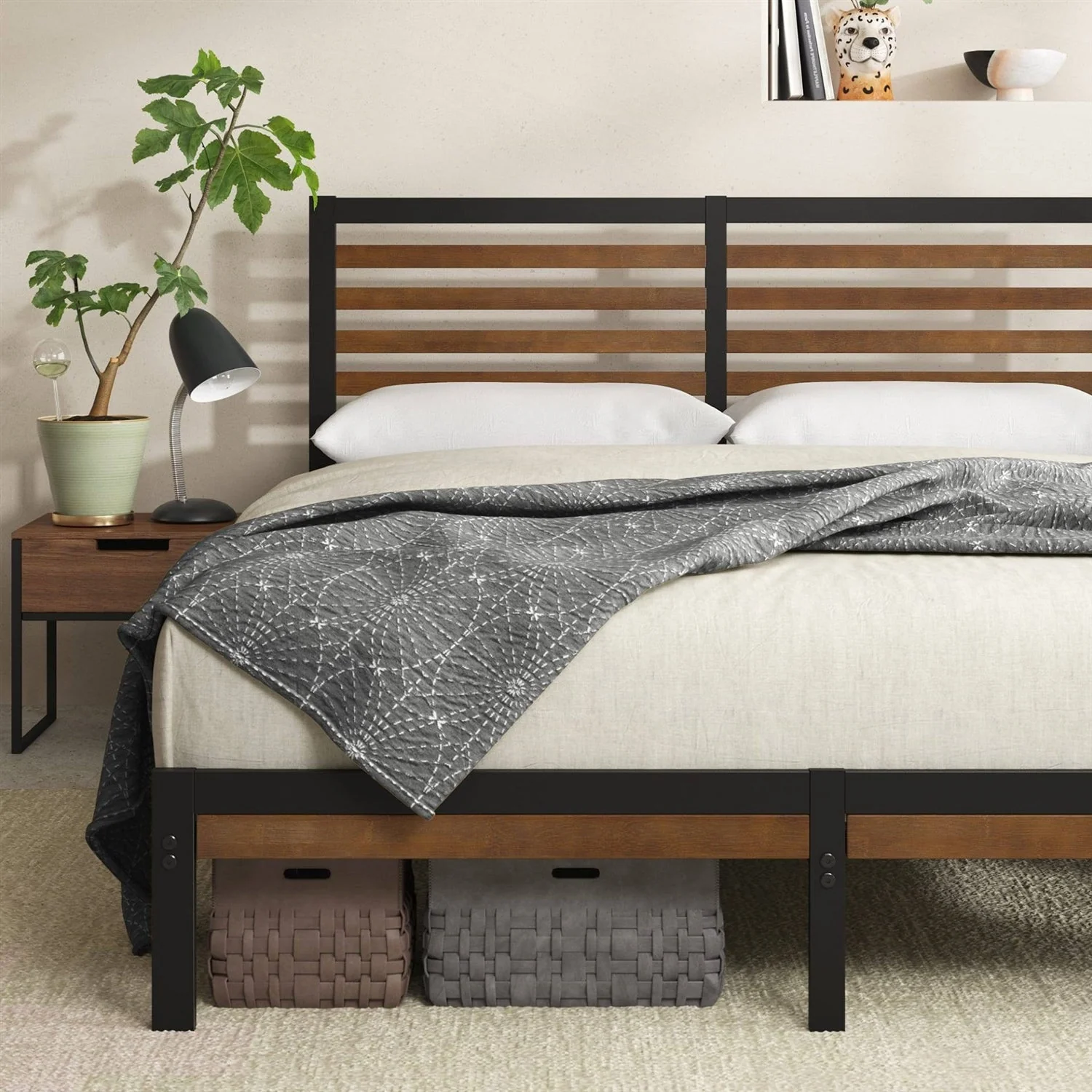 Full Metal Platform Bed Frame with Bamboo Wood Slat Headboard and Footboard - Image 2