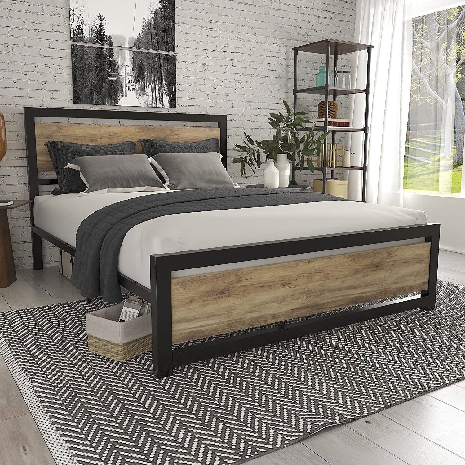 Full Metal Platform Bed Frame with Brown Wood Panel Headboard and Footboard - Image 3