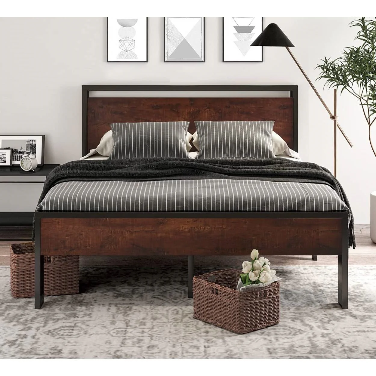 Full Metal Platform Bed Frame with Mahogany Wood Panel Headboard Footboard - Image 2