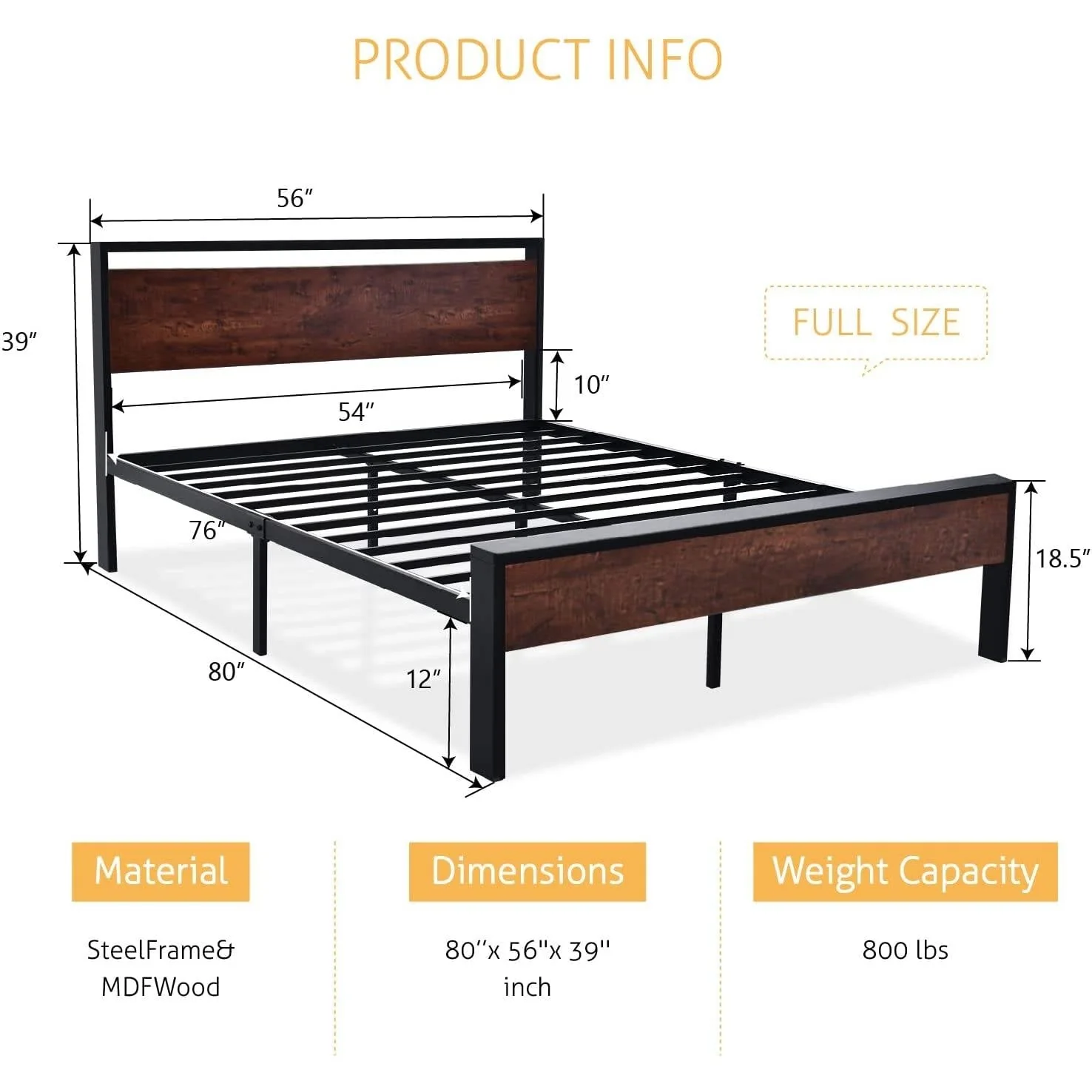 Full Metal Platform Bed Frame with Mahogany Wood Panel Headboard Footboard - Image 5