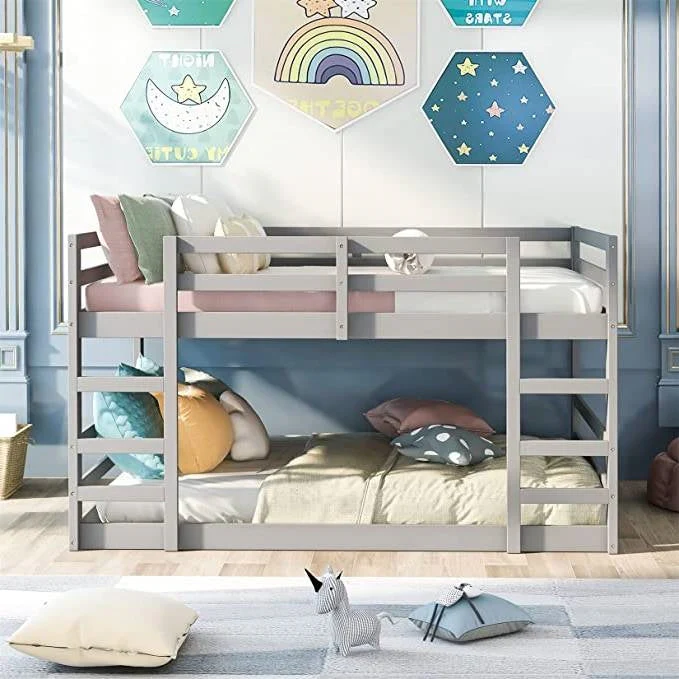 Full over Full Modern Low Profile Bunk Bed in Grey Wood Finish - Image 3