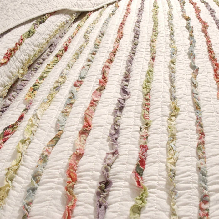 Full / Queen 100% Cotton Quilt Set Ruffled Multi-color Stripes - Image 3
