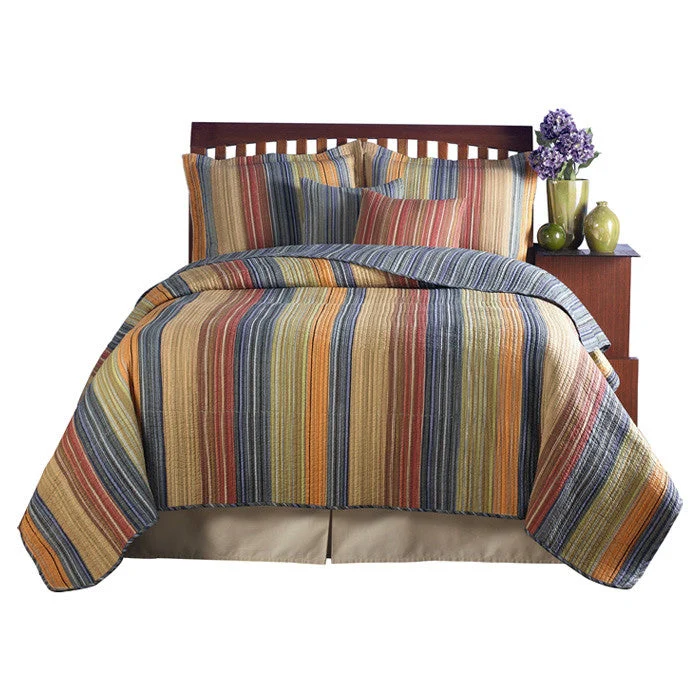 Full / Queen 100% Cotton Quilt Set with Red Orange Blue Brown Stripes - Image 2