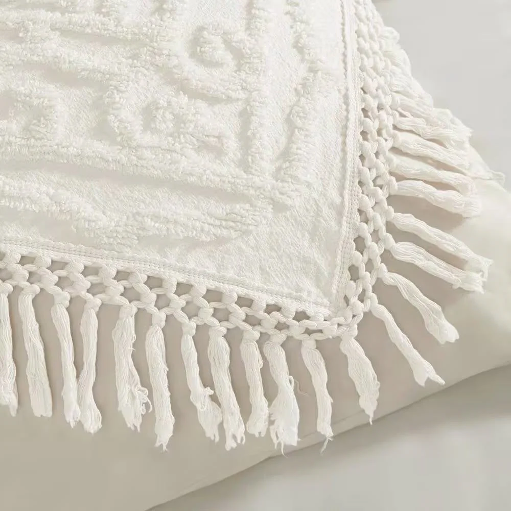Full/Queen 100-Percent Cotton Chenille Bedspread with Fringe Hem in Off-White - Image 3