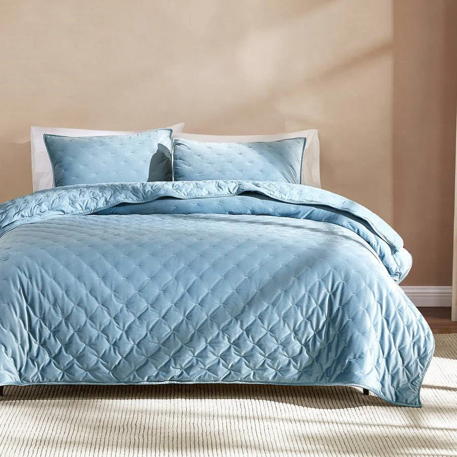 Full / Queen 3-Piece Blue Velvet Embroidered Lavishly Soft Quilt Set - Image 2