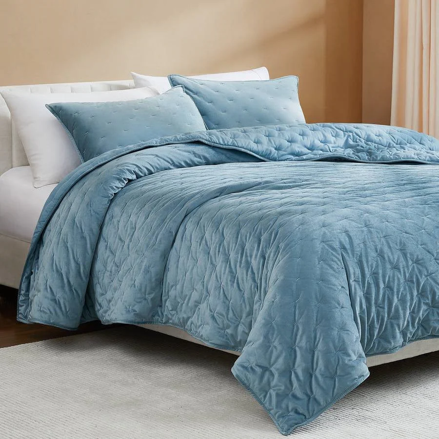 Full / Queen 3-Piece Blue Velvet Embroidered Lavishly Soft Quilt Set - Image 3