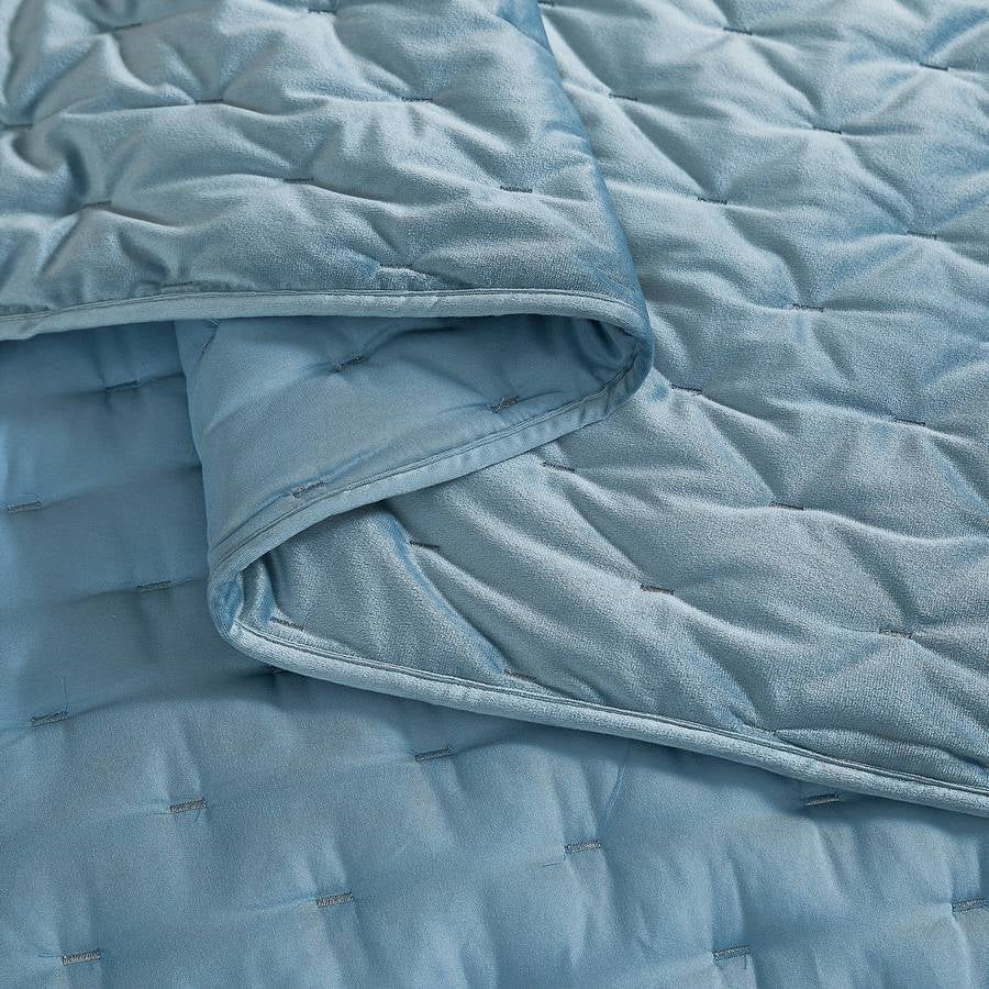 Full / Queen 3-Piece Blue Velvet Embroidered Lavishly Soft Quilt Set - Image 4