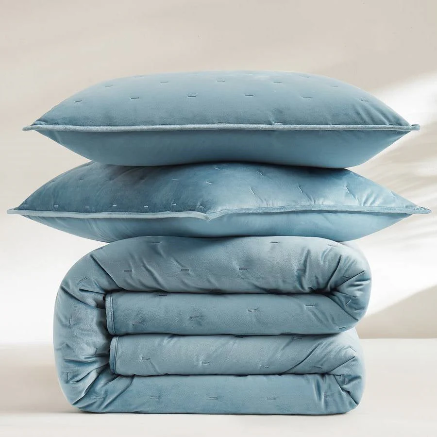 Full / Queen 3-Piece Blue Velvet Embroidered Lavishly Soft Quilt Set - Image 5