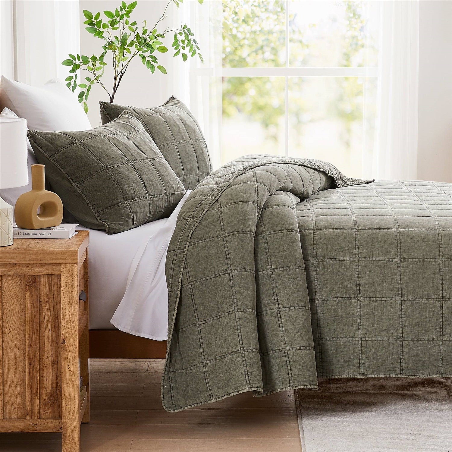 Full/Queen 3 Piece Cotton Faded Stone Washed Lightweight Quilt Set Green - Image 3