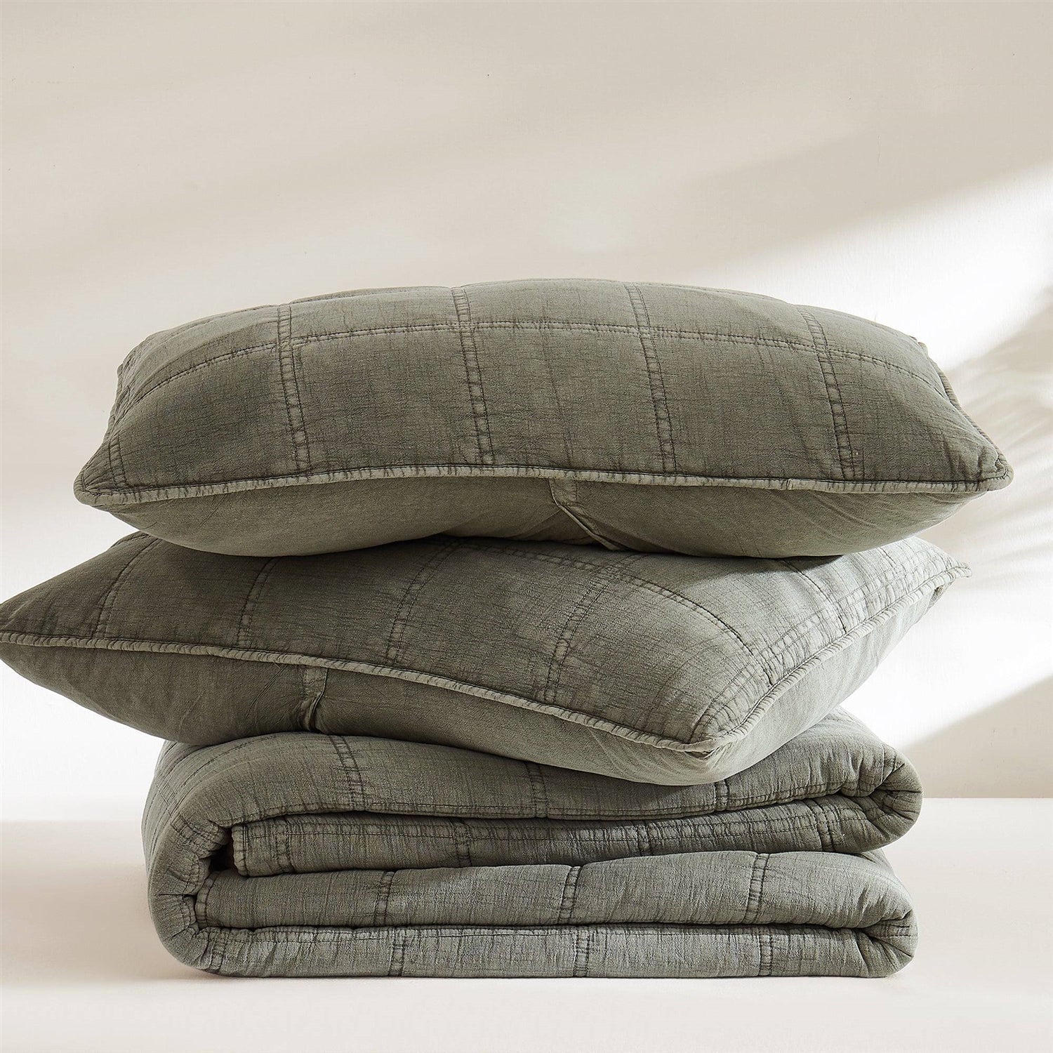 Full/Queen 3 Piece Cotton Faded Stone Washed Lightweight Quilt Set Green - Image 4