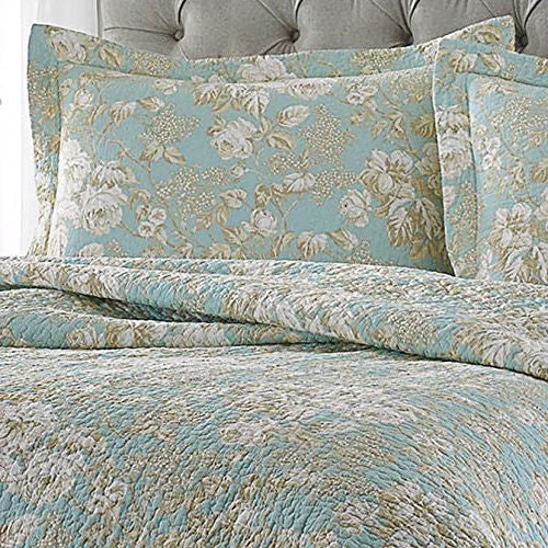 Full / Queen 3-Piece Cotton Quilt Set in Seafoam Blue Beige Floral Pattern - Image 2