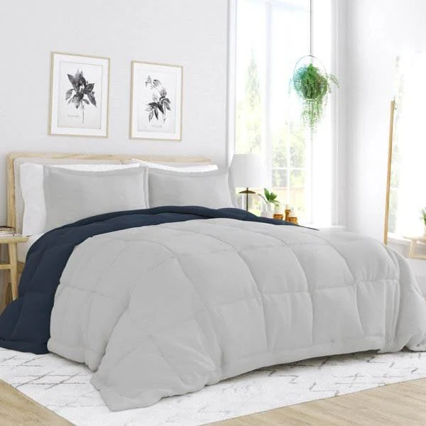 Full/Queen 3-Piece Microfiber Reversible Comforter Set in Navy Blue and Grey - Image 2