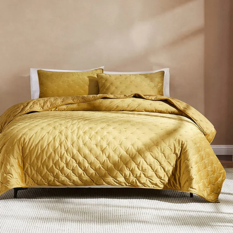 Full / Queen 3-Piece Mustard Yellow Velvet Embroidered Lavishly Soft Quilt Set - Image 2