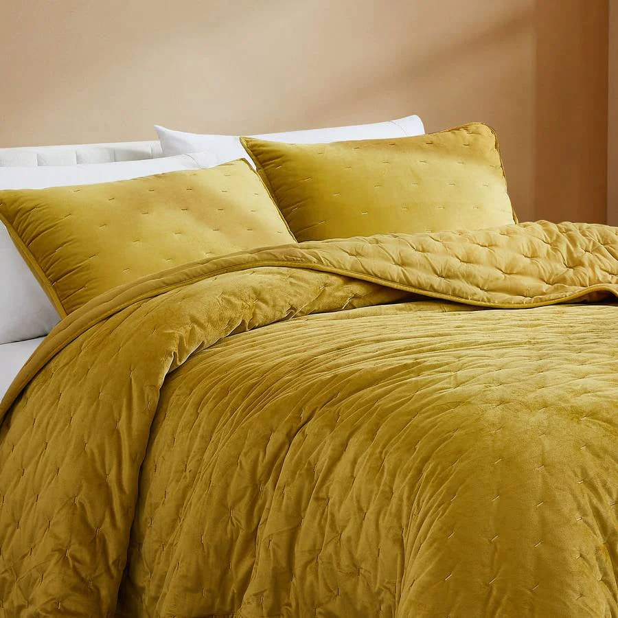 Full / Queen 3-Piece Mustard Yellow Velvet Embroidered Lavishly Soft Quilt Set - Image 3