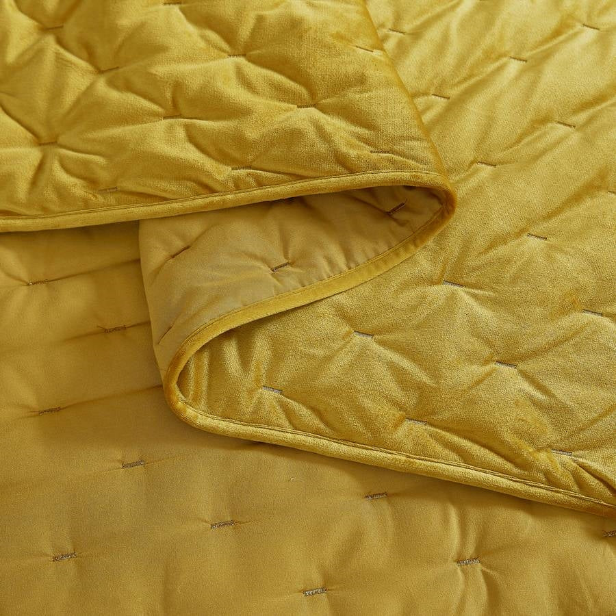 Full / Queen 3-Piece Mustard Yellow Velvet Embroidered Lavishly Soft Quilt Set - Image 4
