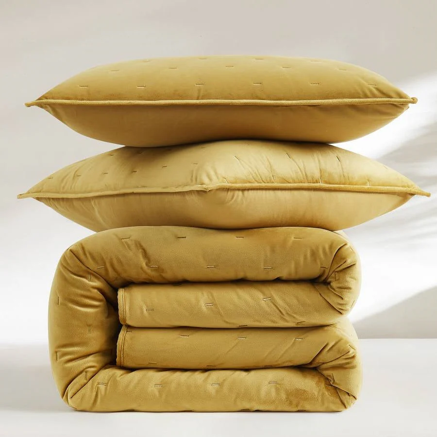 Full / Queen 3-Piece Mustard Yellow Velvet Embroidered Lavishly Soft Quilt Set - Image 5