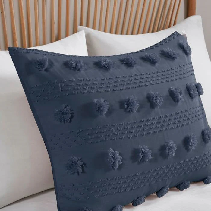 Full/Queen 3 Piece Navy Pompom Microfiber Hypoallergenic Comforter Set - Image 3