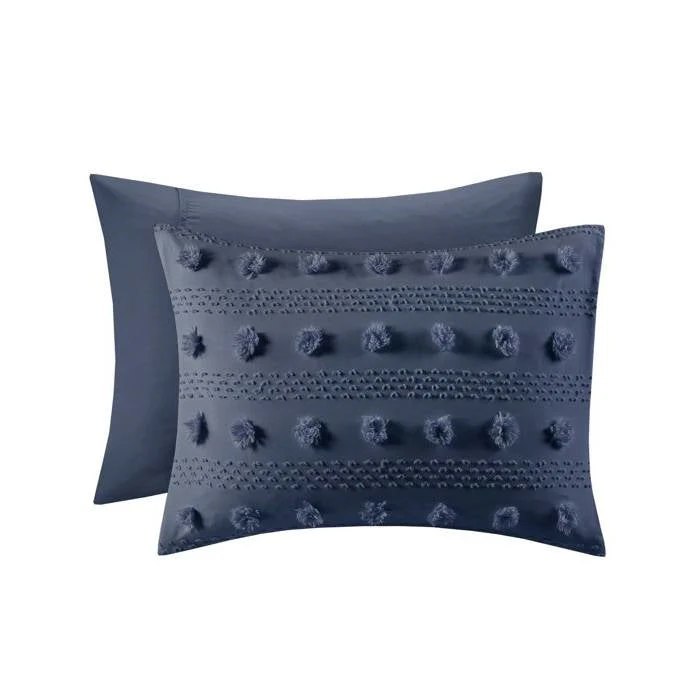 Full/Queen 3 Piece Navy Pompom Microfiber Hypoallergenic Comforter Set - Image 4