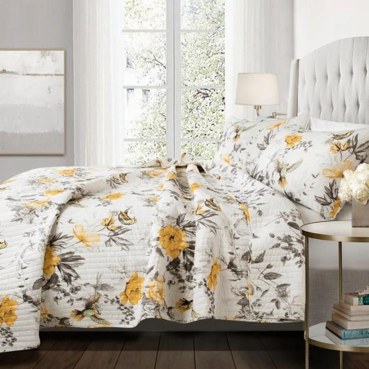 Full/Queen 3 Piece White Yellow Grey Reversible Floral Birds Cotton Quilt Set - Image 2