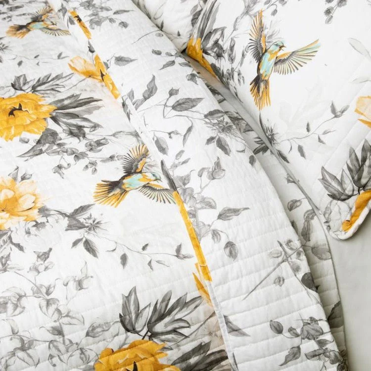 Full/Queen 3 Piece White Yellow Grey Reversible Floral Birds Cotton Quilt Set - Image 3