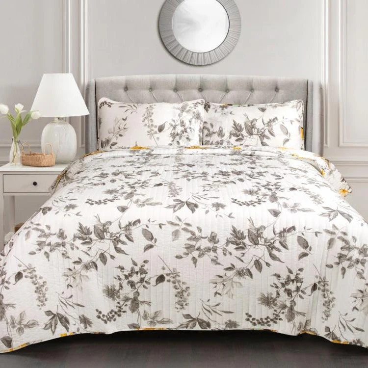 Full/Queen 3 Piece White Yellow Grey Reversible Floral Birds Cotton Quilt Set - Image 4