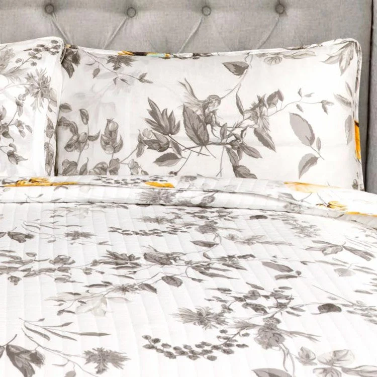 Full/Queen 3 Piece White Yellow Grey Reversible Floral Birds Cotton Quilt Set - Image 5