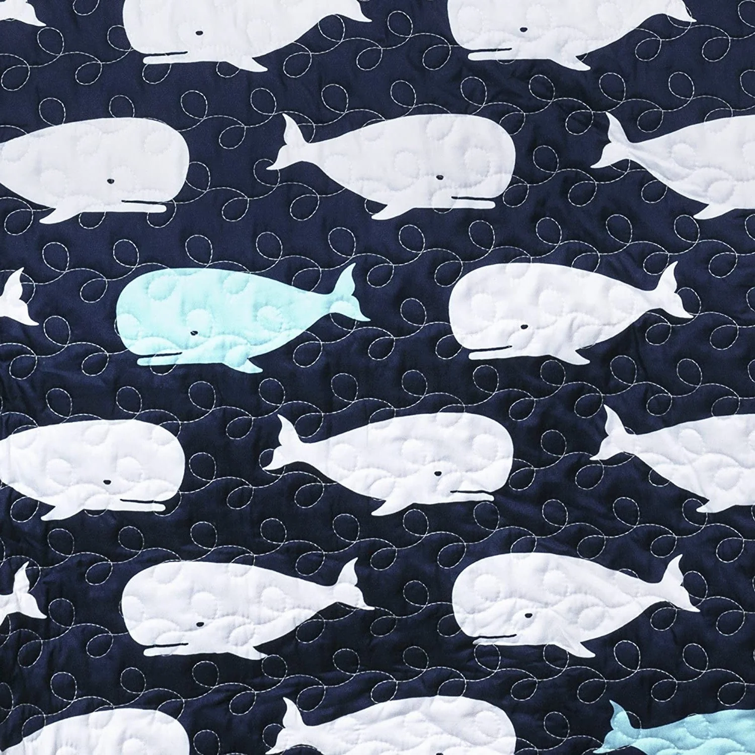 Full/Queen 5 Piece Bed In A Bag Navy Teal Microfiber Waves Whales Quilt Set - Image 2