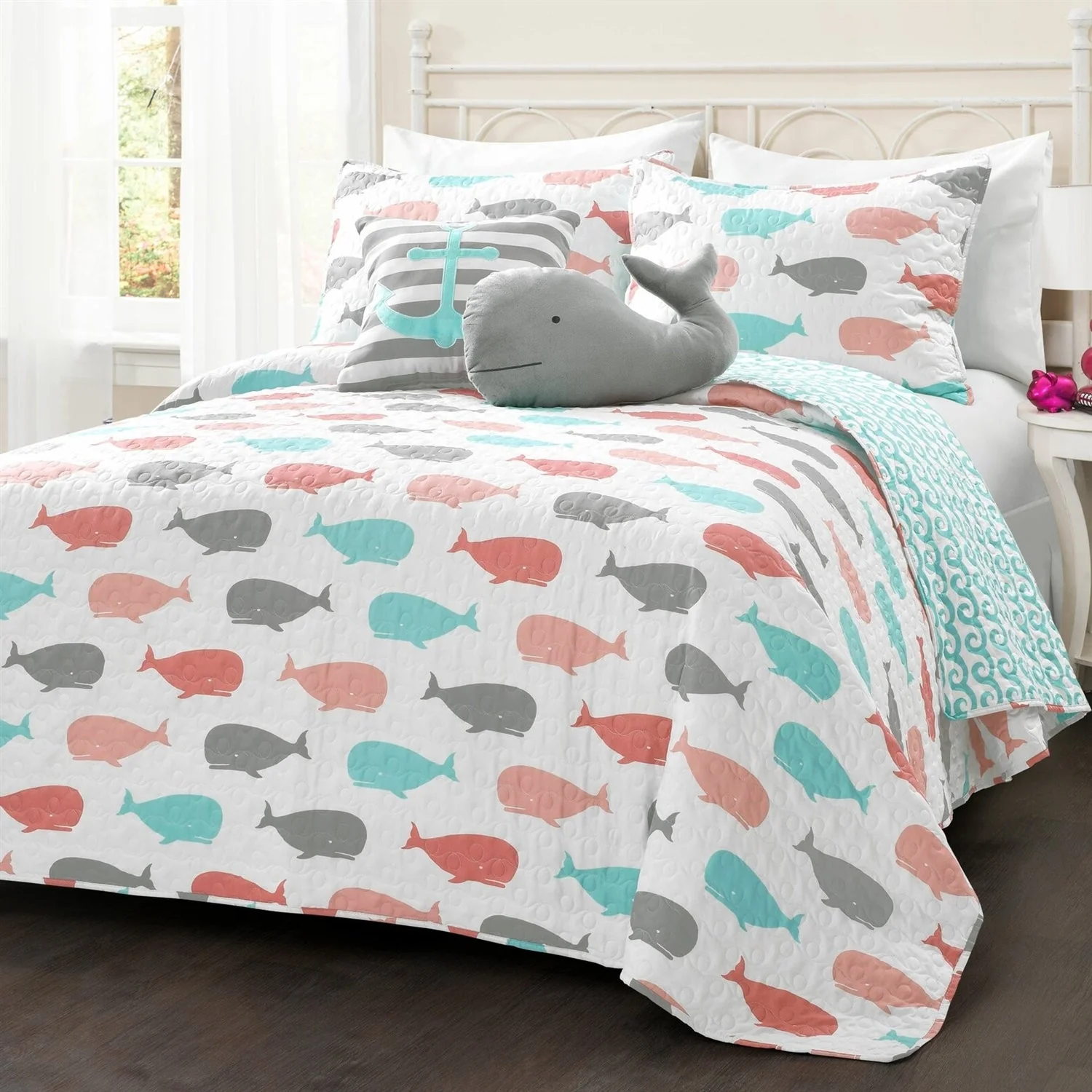 Full/Queen 5 Piece Microfiber Quilt Set in Teal Pink Aqua Waves Whale Pattern - Image 2