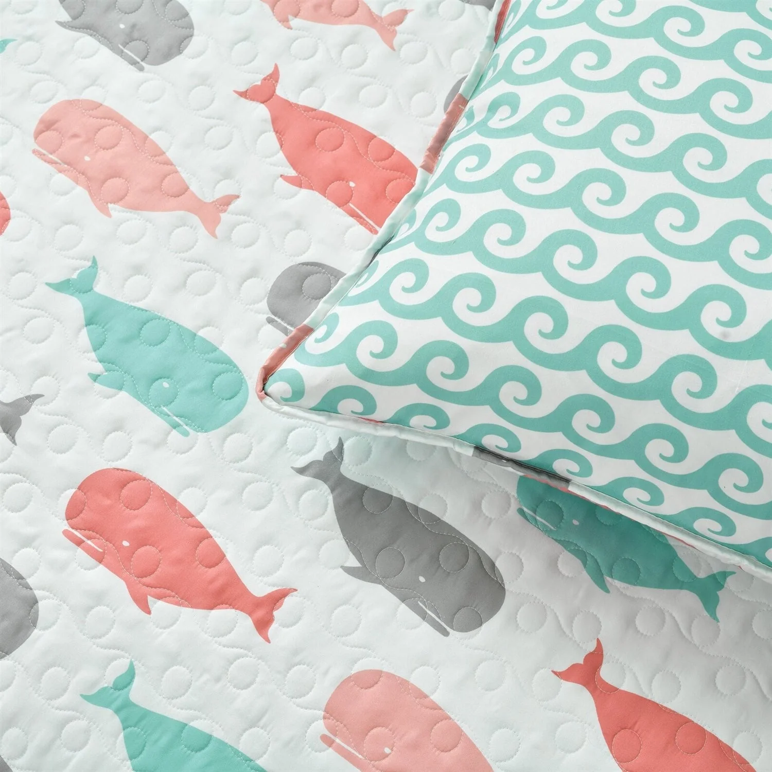 Full/Queen 5 Piece Microfiber Quilt Set in Teal Pink Aqua Waves Whale Pattern - Image 3