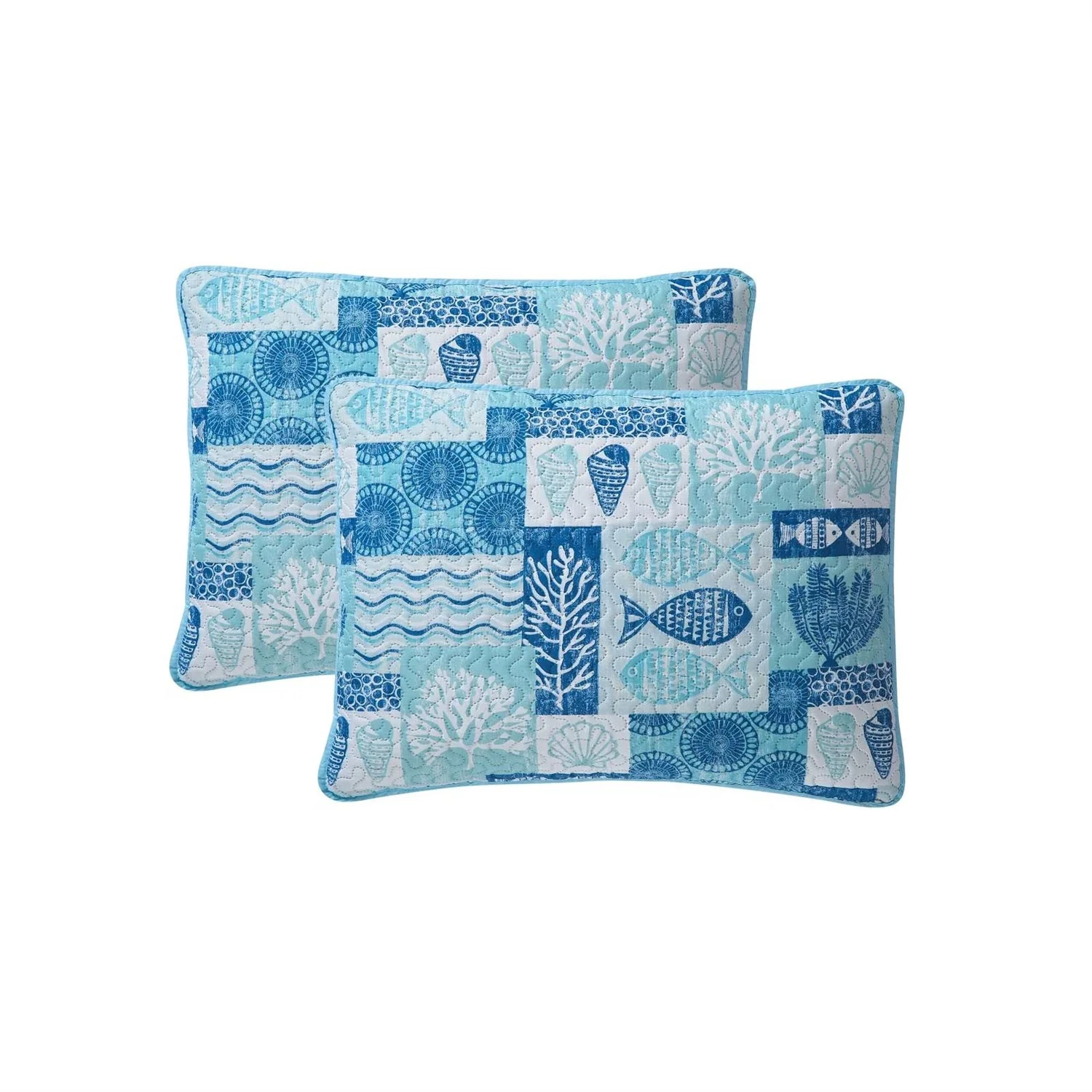 Full/Queen Aqua Blue Cream Beach Sea Shells Coral Fish Coastal 3-Piece Quilt Set - Image 3