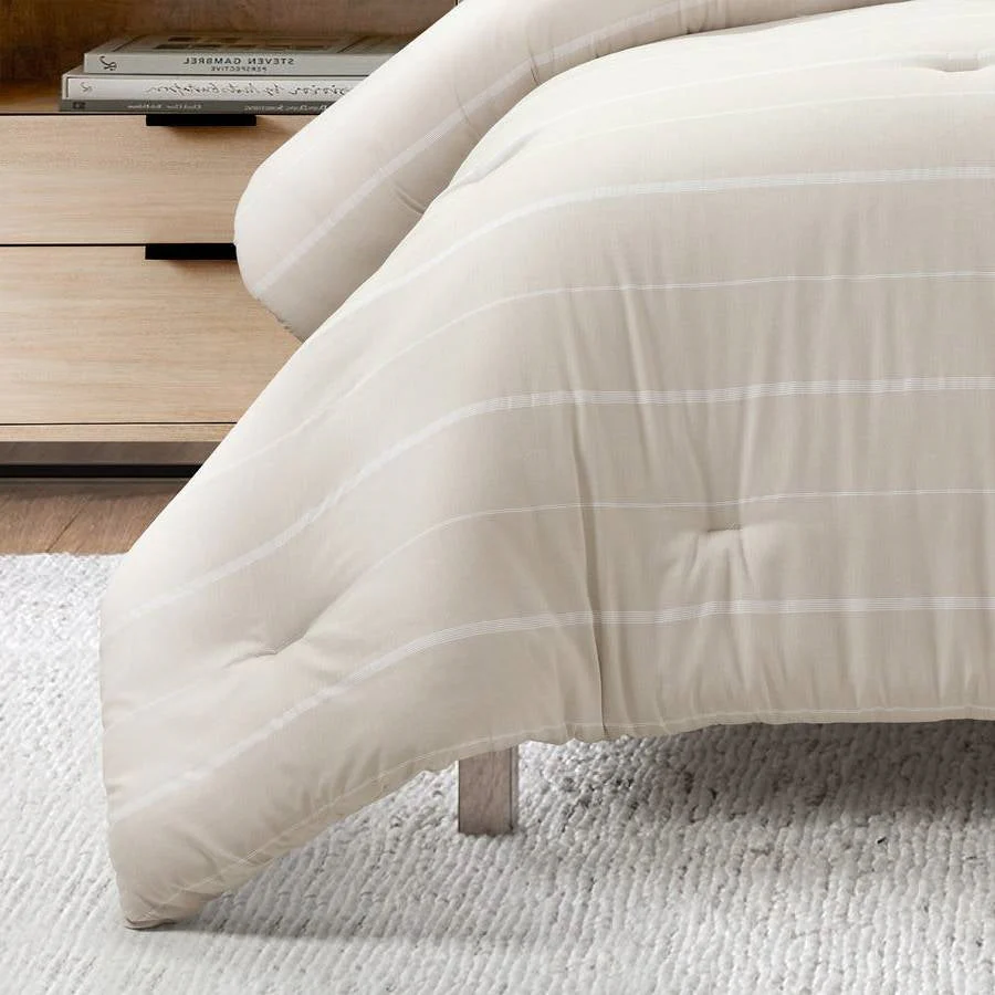 Full/Queen Beige Off-White Stripe Lightweight 3-Piece Comforter Set - Image 2