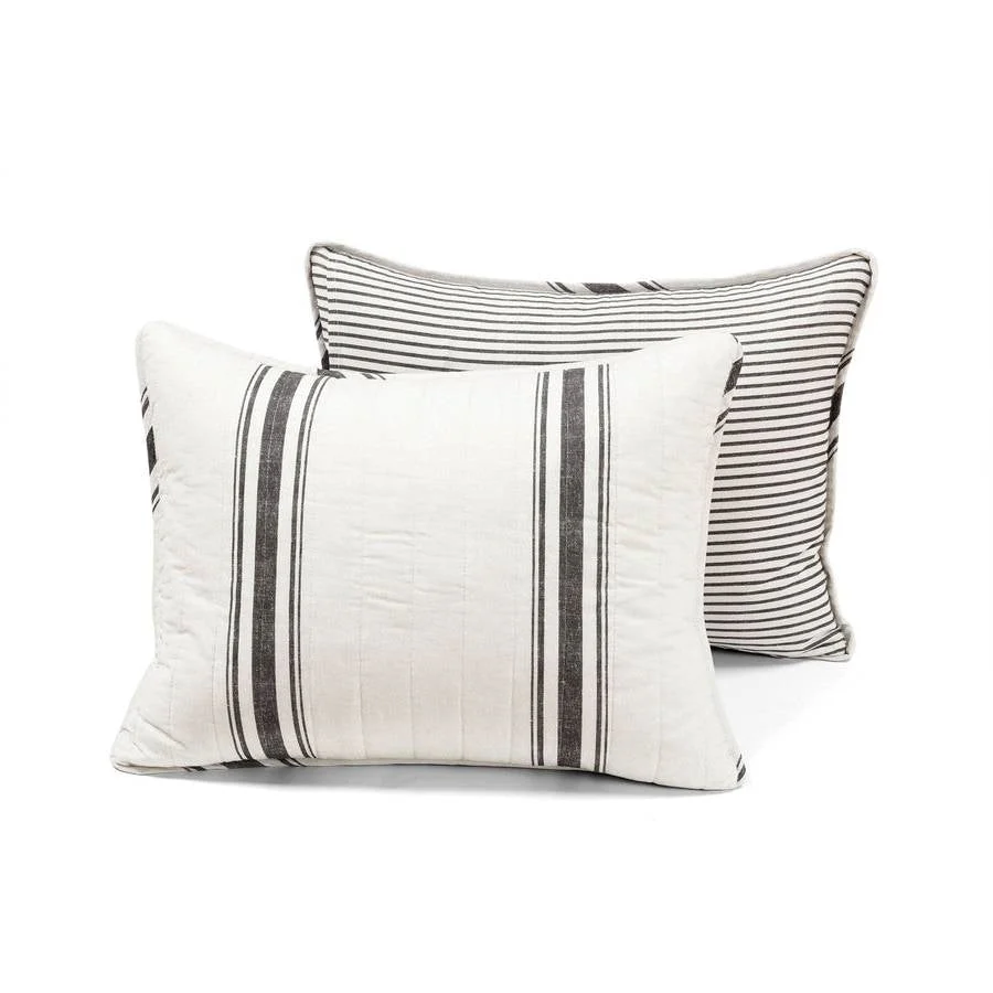 Full/Queen Black Off-White Cream Stripe Reversible Cotton 3-Piece Quilt Set - Image 4