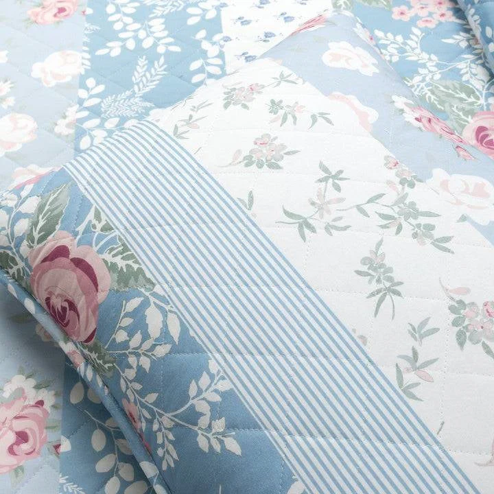 Full/Queen Blue Pink White Beige Floral Cottage Lightweight 3-Piece Quilt Set - Image 5
