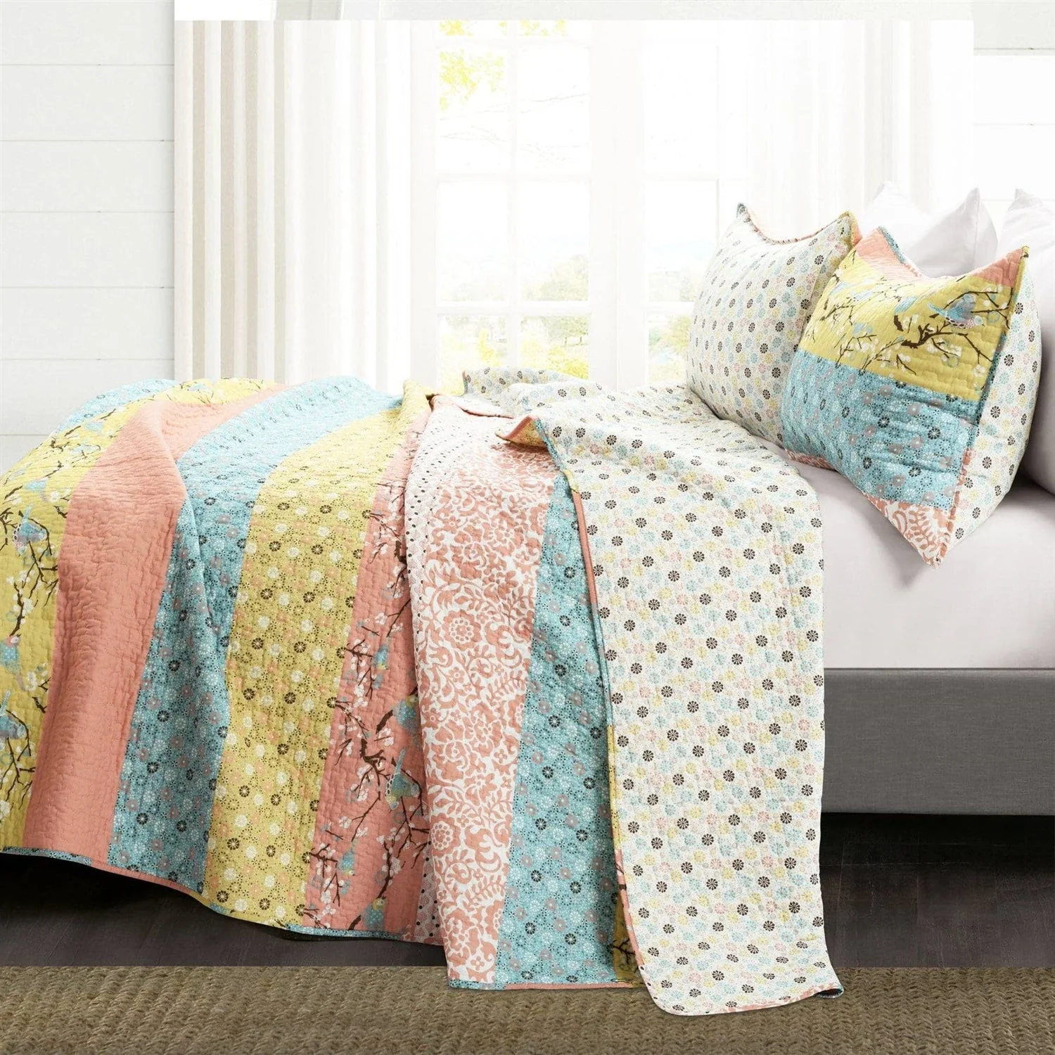 Full/Queen Blue Yellow Pink Ivory Boho Floral Reversible Lightweight Quilt Set - Image 2