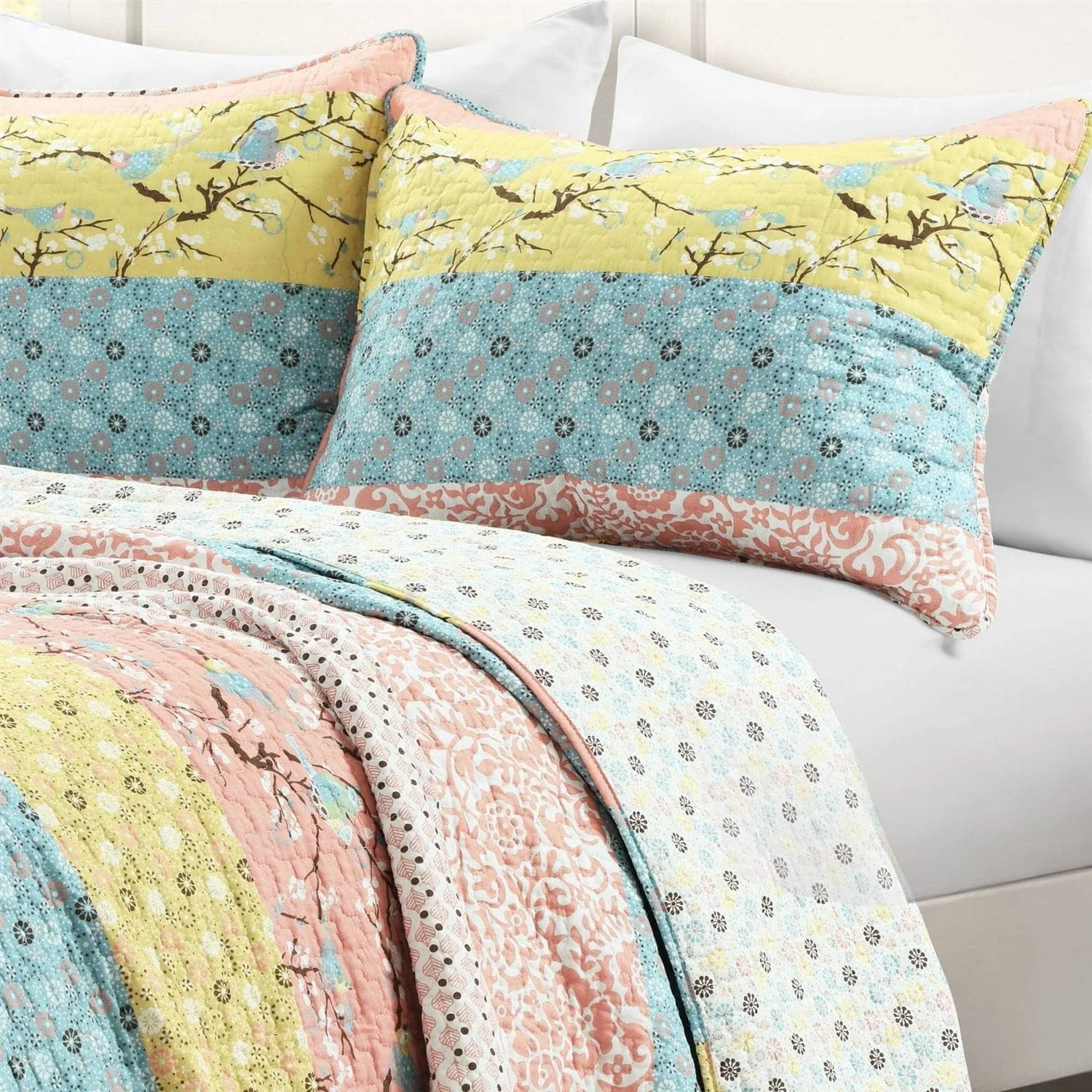 Full/Queen Blue Yellow Pink Ivory Boho Floral Reversible Lightweight Quilt Set - Image 3