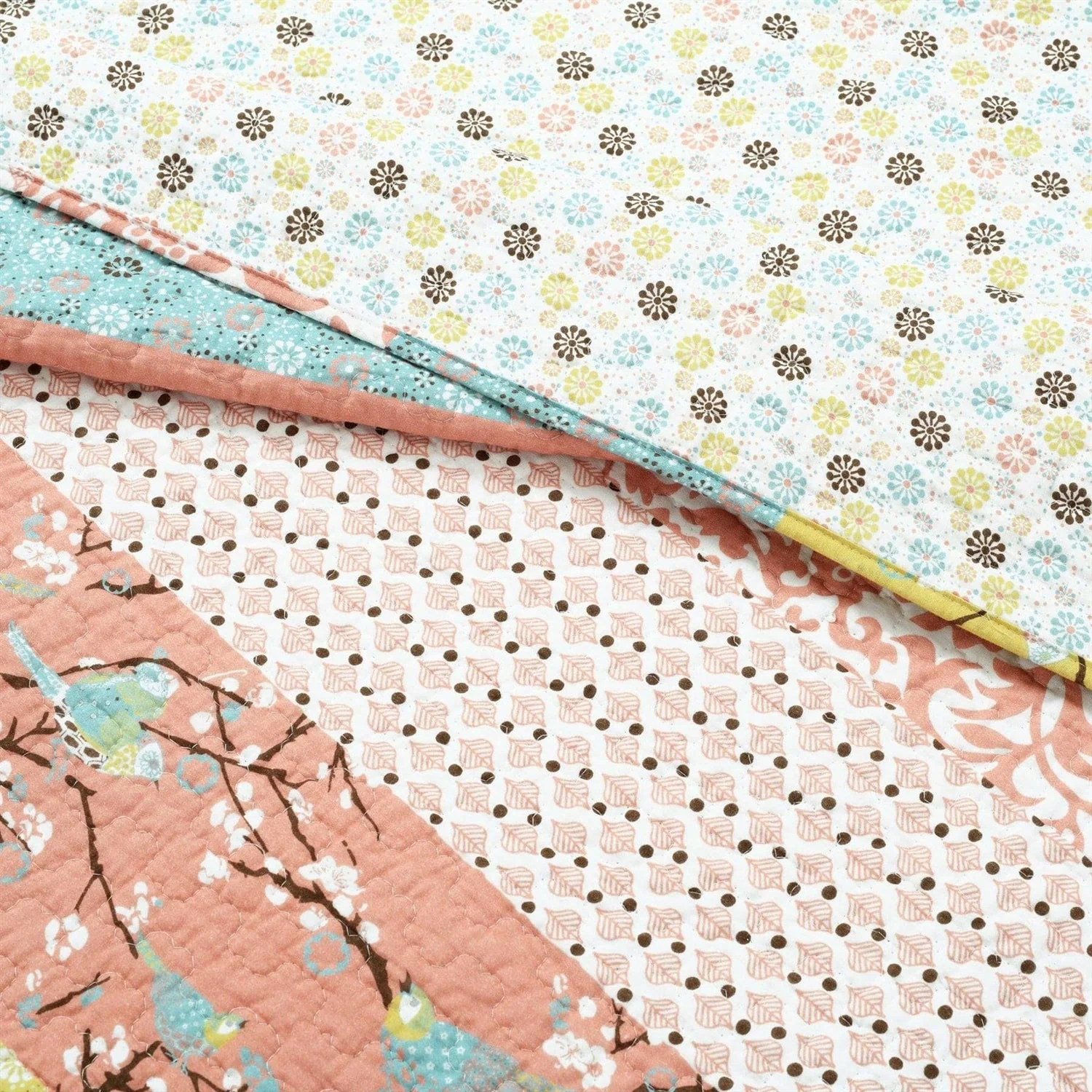 Full/Queen Blue Yellow Pink Ivory Boho Floral Reversible Lightweight Quilt Set - Image 4