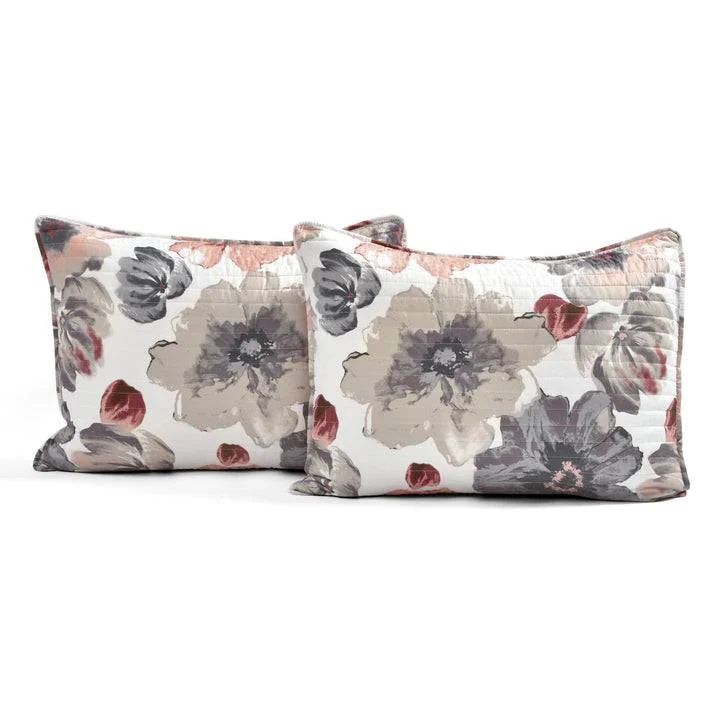 Full/Queen Coral Grey Flowers Lightweight Polyester Microfiber Quilt Set - Image 4